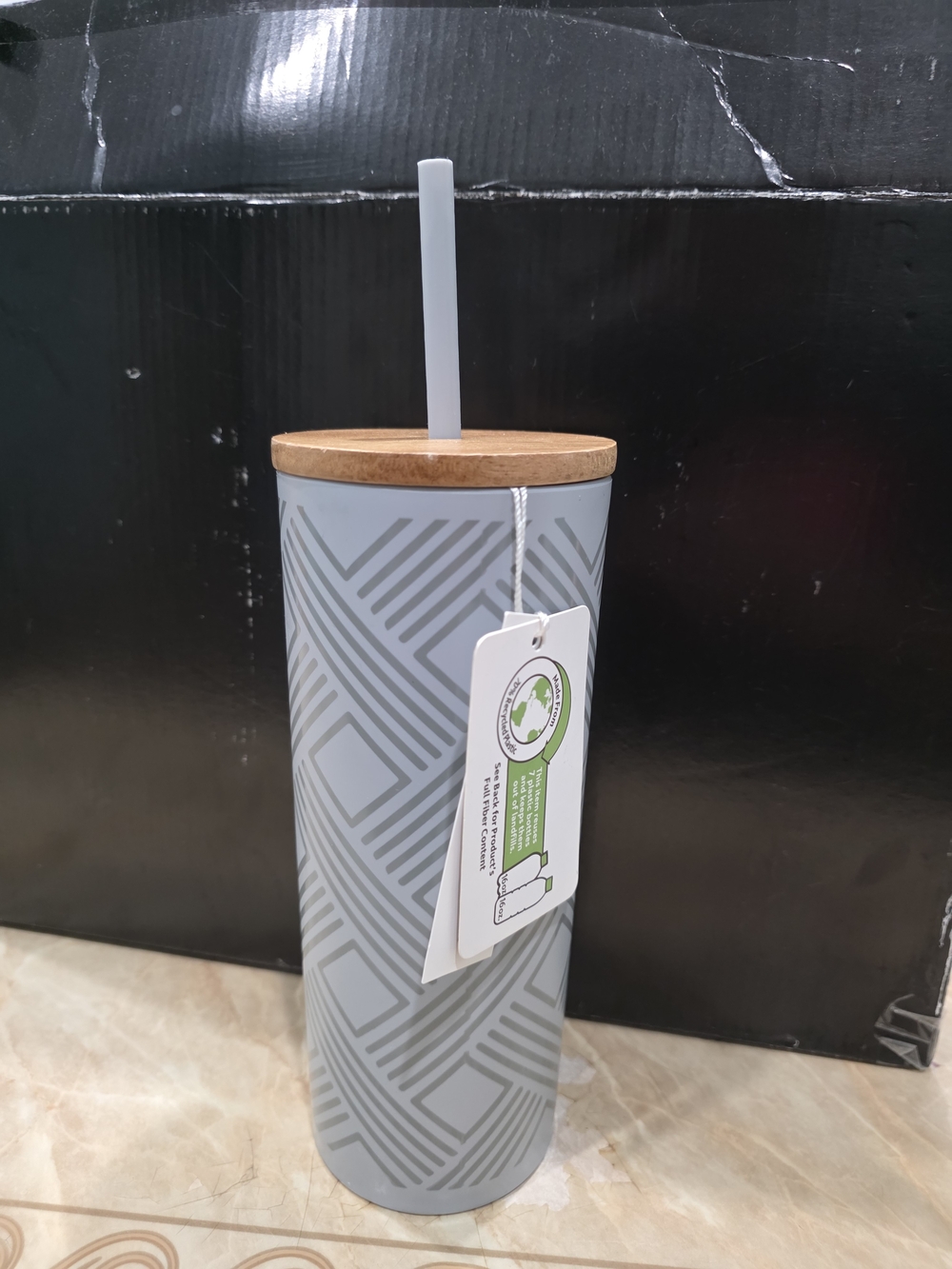 Mainstays 24oz Eco Friendly Gray Geometric Tumbler with Wooden Lid & Straw